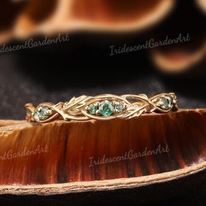 Naturinspirerad vigselring i mossagat med bladdesign, vridring i gult guld, fina vigselringar i grön agat för kvinnor, smycken i mossagat