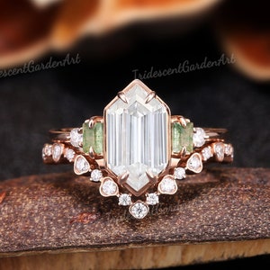 Elongated Hexagon Moissanite Wedding Ring Set Moss Agate Engagement Ring Vintage Curved Wedding Band Rose Gold Rings For Women Custom Ring
