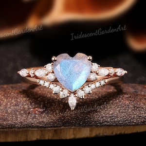 Heart Shaped Labradorite Engagement Ring Set Rose Gold Moissanite Wedding Ring Set Blue Gemstone Ring Labradorite Jewelry