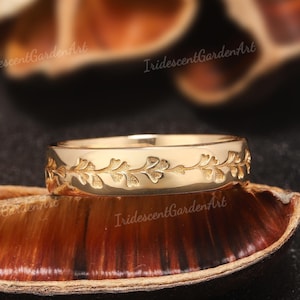 Art Deco Mens Wedding Ring Natural Leaf  Engraved Wedding Band Solid Gold Stackable Rings for Men Anniversary Valentines Day Gift For Men