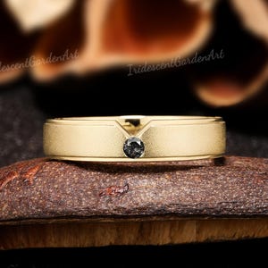 Black Rutilated Quartz Mens Ring Solid Gold Stackable Rings For Men Black Quartz Mens Wedding Band Couple Rings Personalized Gift For Him