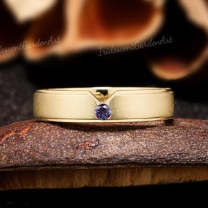 Alexandrite Mens Wedding Band Frosted Gold Rings For Men & Women June Birthstone Jewelry Mens Couple Ring Personalized Gift For Him