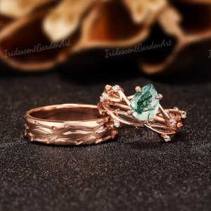 3pcs Couple Rings Moss Agate Engagement Ring Set Gold His and Hers Wedding Ring Set Mens Wedding Band Anniversary Rings for Men and Women