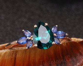 Vintage Smaragd Verlobungsring Art Deco Flügel förmige Sapphire Cluster Hochzeit Ringe für Frauen Jahrestag Grüner Edelstein Birthstone Ring