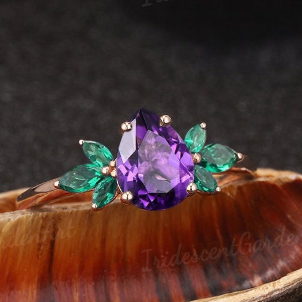 Unique Amethyst Engagement Rings Marquise Emerald Wings Shaped Wedding Band Vintage February Birthstone Ring Anniversary Rings For Women