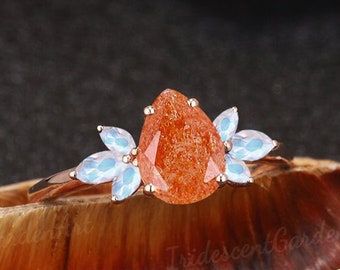 Pear Sunstone Engagement Ring Unique Rose Gold Moonstone Wedding Ring Vintage Rings for Women Bridal Promise Ring Anniversary Gift for Her
