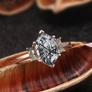 Unique Black Rutilated Quartz Engagement Rings Rose Gold Bridal Ring Salt Pepper Crystal Ring Moss Agate Cluster Wedding Ring Promise Ring