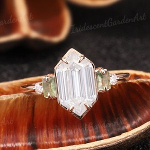 Hexagon Moissanite Engagement Ring Baguette Green Moss Agate Ring Vintage Rose Gold Wedding Rings for Women Promise Anniversary Gift for Her