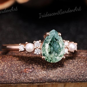 Vintage Moss Agate&Pearl Engagement Ring Minimalist Wedding Ring Gold Anniversary Ring Moissanite Promise Ring Personalized Rings For Women