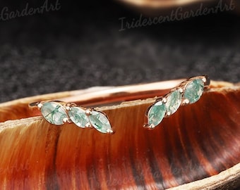 Unique Moss Agate Open Curved Wedding Band Natural Green Moss Agate Stackable Rings for Women Rose Gold Custom Stacking Matching Rings