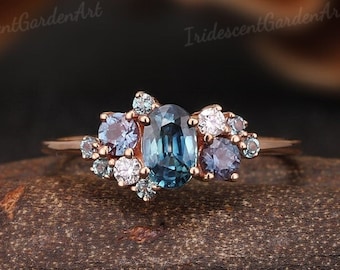 Blaugrüner Saphir Verlobungsring Alexandrit Moissanit Cluster Goldring blau grüner Saphir Hochzeitsringe für Frauen Geburtstagsgeschenke für Sie