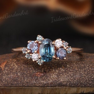 Teal Sapphire Engagement Ring Alexandrite Moissanite Cluster Gold Ring Blue Green Sapphire Wedding Rings for Women Birthday Gifts for Her