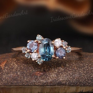 Unique Blue Green Sapphire Engagement Ring Alexandrite Moissanite Cluster Wedding Ring Vintage Rose Gold Art Deco Birthstone Rings For Women