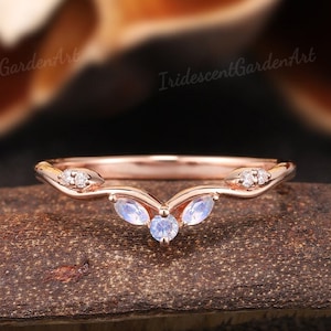 Vintage Moonstone Wedding Band Unique Marquise Moonstone Stacking Ring Art Deco Curved Wedding Ring Rose Gold Rings For Women Gifts For Her