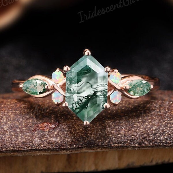 Vintage Moss Agate Opal Engagement Ring Unique Hexagon Rose Gold Wedding Rings for Women Promise Anniversary Gift for Her Handmade Jewelry