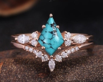 Unique Kite Turquoise Engagement Ring Set Rose Gold Blue Turquoise