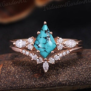Juego de anillos de compromiso únicos con turquesa y cometa, juego de anillos de boda de oro rosa y turquesa azul para mujer, alianza de boda de moissanita, joyería turquesa