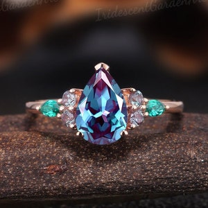Vintage Pear Cut Alexandrite Engagement Ring Antique Marquise Cut Green Emerald Cluster Ring Unique Teardrop Alexandrite Custom Promise Ring