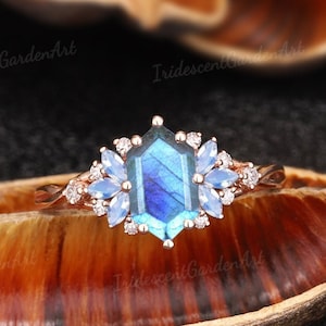 Unique labradorite engagement ring elongated hexagon labradorite wedding ring marquise moonstone promise rings for women moonstone ring