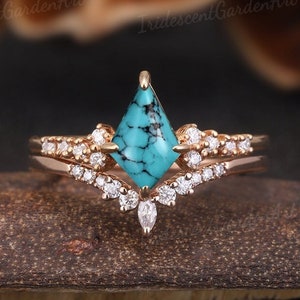 Vintage natural Turquoise engagement ring set rose gold moissanite cluster bridal rings for women unique wedding ring set personalized gift