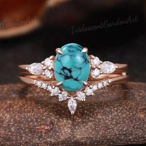 Nature oval cut turquoise engagement ring set rose gold  moissanite promise rings set curved wedding matching band birthday gifts for her