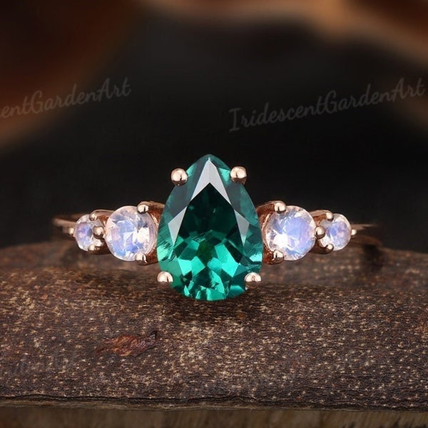Vintage Pear Cut Emerald Ring, Moonstone Cluster, Rose Gold Engagement Ring