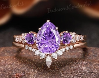 Anillo de compromiso con zafiro morado con corte de fuegos artificiales, anillo de boda con amatista y moissanita en oro rosa, anillo de promesa de aniversario, el mejor regalo para ella.