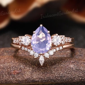 Lavender Purple Sapphire Engagement Ring Set Rose Gold Moissanite Wedding Ring Set Gemstone Birthstone Ring Valentines Day Gifts for Her