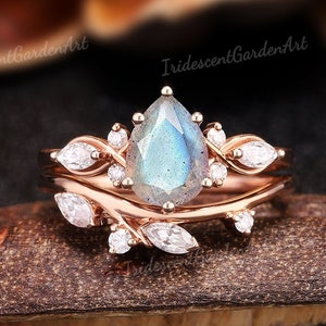 Unique Labradorite Engagement Ring Set Minimalist Wedding Ring Set Solid Gold Moissanite Cluster Birthstone Ring Anniversary Gifts For Her