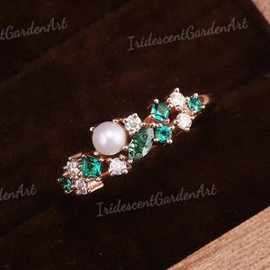 Unique Moss Agate&Pearl Wedding Ring Princess Emerald Moissanite Cluster Rings for Women Floar Ring Stacking Rings Custom Ring Handmade Gift