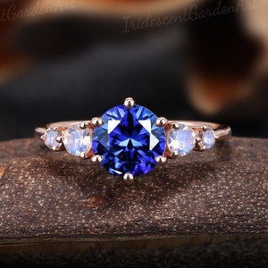 Unique Round Sapphire Engagement Rings Vintage Blue Gemstone Ring Rose Gold Wedding Ring Moonstone Cluster Bridal Ring Promise Ring Gift
