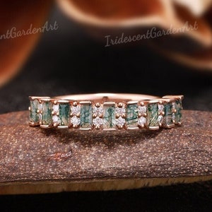 Baguette Moss Agate Wedding Band Unique Half Eternity Rose Gold Moissanite Wedding Ring Green Gemstone Bridal Band Stacking Rings For Women