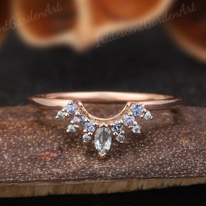 Unique Curved Sapphire Wedding Band Women Rose Gold Marquise Cut Green Sapphire Stacking Matchig Rings Art Deco Anniversary Gift For Her