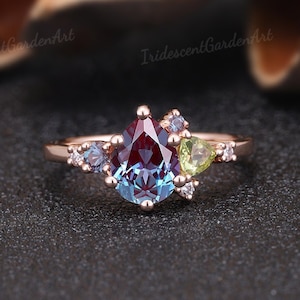 Unique Alexandrite Engagement Rings Peridot Cluster Wedding Ring Purple Gemstone Ring Rose Gold Jewelry Promise Rings For Women Birthstone