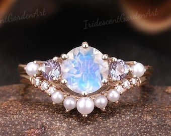 Dainty Moonstone Engagement Ring Set Alexandrite Gold Pearl Wedding Rings for Women June Birthstone Ring Promsie Anniversary Gifts for Her