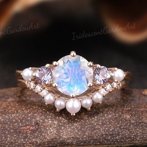 Dainty Moonstone Engagement Ring Set Alexandrite Gold Pearl Wedding Rings for Women June Birthstone Ring Promsie Anniversary Gifts for Her