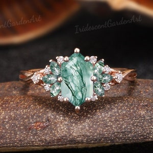 Unique elongated hexagon moss agate engagement rings moissanite cluster wedding ring marquise moss agate ring custom promise rings for women
