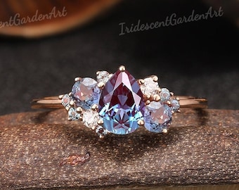 Pear Shaped Alexandrite Engagement Ring Gold Alexandrite Diamond Cluster Wedding Rings for Women June Birthstone Anniversary Gift for Her