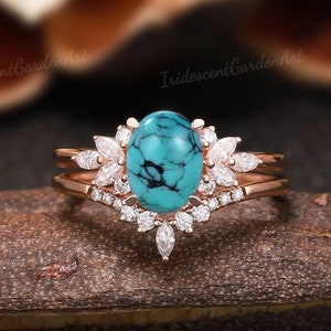 Antique Oval Turquoise Engagement Ring Unique Rose Gold Moissanite Wedding Rings for Women Curved Wedding Band Birthday Gifts for Her