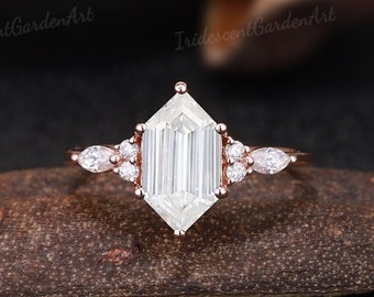 Unique Elongated Hexagon Moissanite Engagement Rings Vintage Rose Gold Moissanite Wedding Ring Bridal Gemstone Ring Promise Rings For Women