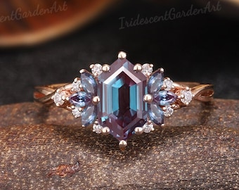Elongated hexagon alexandrite engagement ring vintage alexadrite promise rings for women marquise alexandrite cluster wedding ring for her