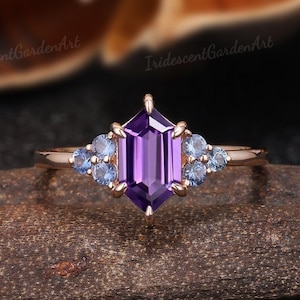 Vintage Amethyst Engagement Rings Round Cut Sapphire Cluster Wedding Ring Unqiue Elongated Hexagon Cut Purple Gemstone Bridal Ring For Women