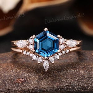 Unique London Blue Topaz Engagement Ring Set Rose Gold Moissanite Wedding Ring Set Topaz Ring for Women Anniversary Ring Set Gift For Her