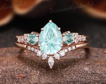 Fireworks Cut Green Sapphire Engagement Ring Set Moss Agate Diamond Gold Rings for Women Sapphire Wedding Ring Christmas Best Gifts for Her