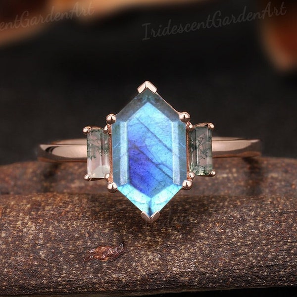 Unique Hexagon Labradorite Engagement Ring Gold Baguette Moss Agate Wedding Rings for Women Anniversary Gift for Her Labradorite Jewelry