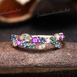 Unique Amethyst Wedding Band Vintage Emerald Wedding Ring Rose Gold Blue Topaz Cluster Custom Anniversary Rings For Women Handmake Jewelry