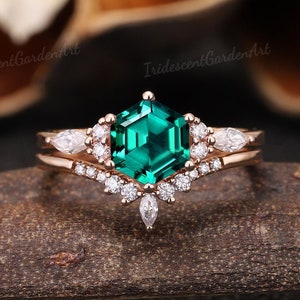 Vintage Hexagon Green Emerald Engagement Ring Set Rose Gold Marquise Moissanite Promise Wedding Ring Set For Women Moissanite Wedding Band