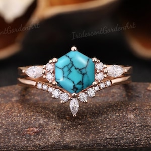 Unique Hexagon Turquoise Engagement Ring Set Solid Gold Blue Turquoise Wedding Ring Moissanite Curved Wedding Band Anniversary Gift for Her