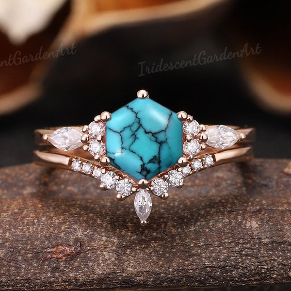 Vintage Turquoise Engagement Ring Set Unique Hexagon Cut Blue Turquoise Wedding Ring Rose Gold Moissanite Curved Wedding Band Gift For Her