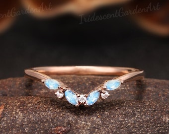 Art Deco Moonstone Wedding Band, Rose Gold Marquise Stacking Ring